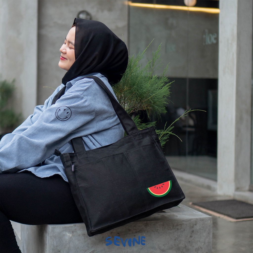 Sevine Totebag Kanvas Rebecca Tas Wanita Tote Bag Kuliah Sekolah Sekat Laptop Hitam Elegan Aesthetic - WF