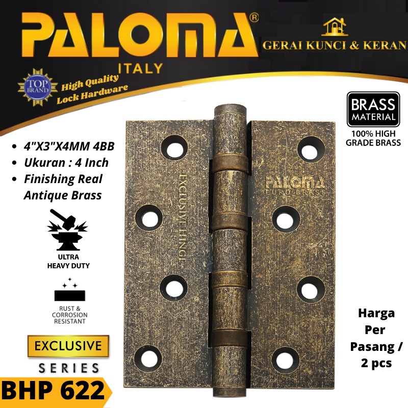 PALOMA BHP 622 BUTT HINGE ENGSEL PINTU BRASS 4&quot;X3&quot;X4MM 4BB RAB ANTIK