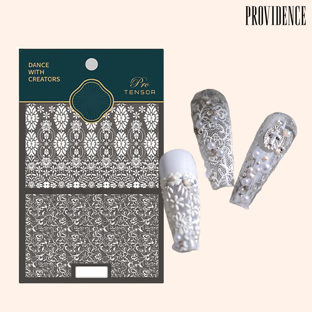 Providence Nail Art Stiker Tidak Luntur 5D Relief Perekat Diri DIY Ultra Tipis Kerawang Pola Bunga Renda Putih Kuku Foil Stiker Perlengkapan Kuku