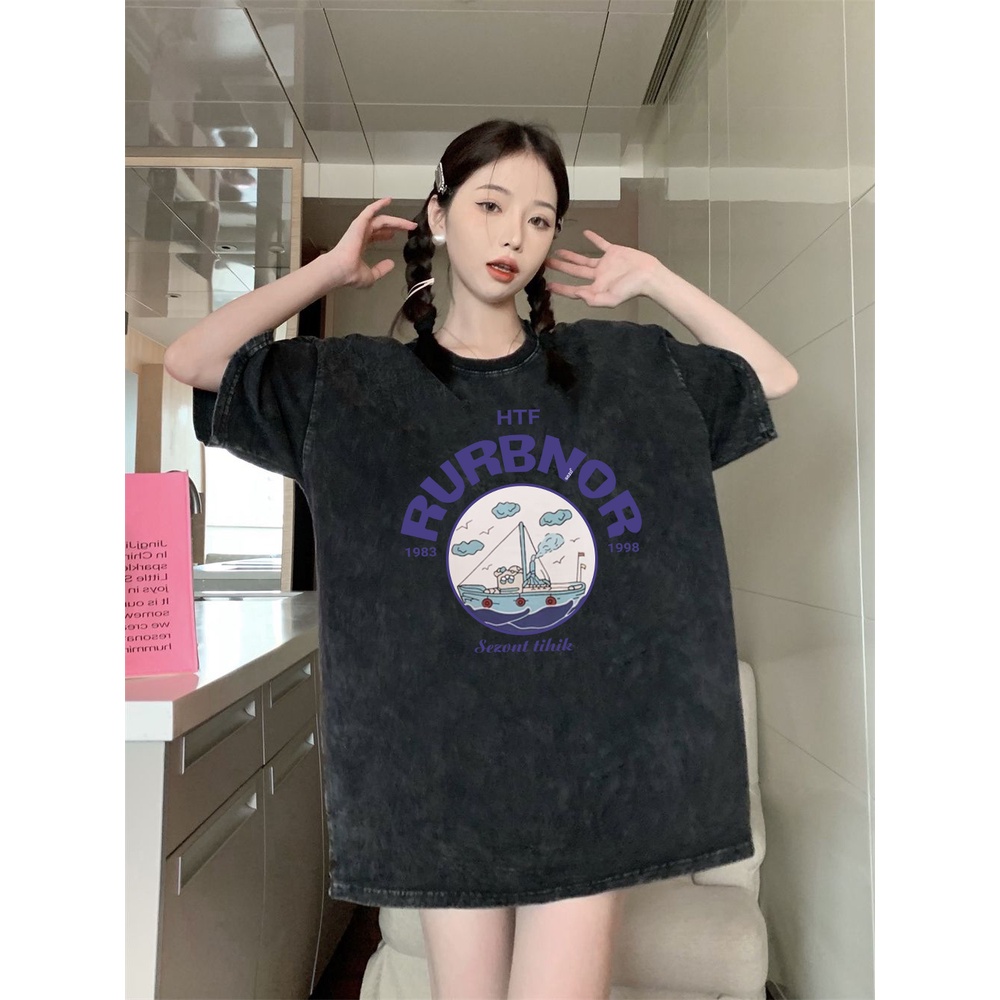 XIAOZHAINV Korean Style Ship Pattern Washed Printing Kaos Wanita