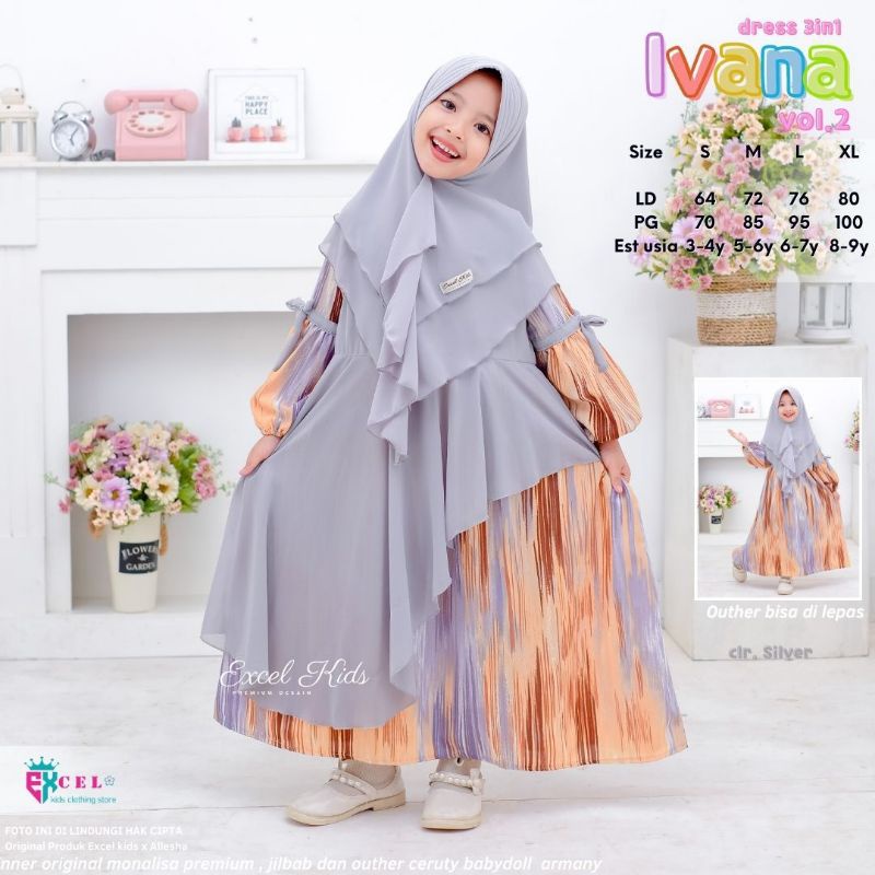 IVANA DRESS 3in1 ORI EXCEL KIDS | Dress+Outer+Khimar Anak