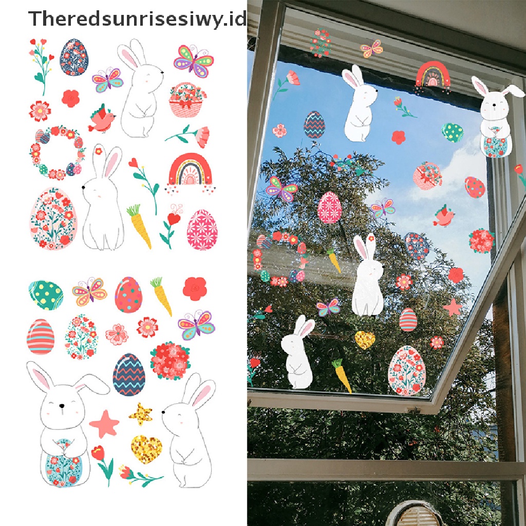 # Baju Lebaran # Stiker Jendela Happy Easter Bunny Lucu Ayam Kelinci Colorful Egg Wall Sticker~