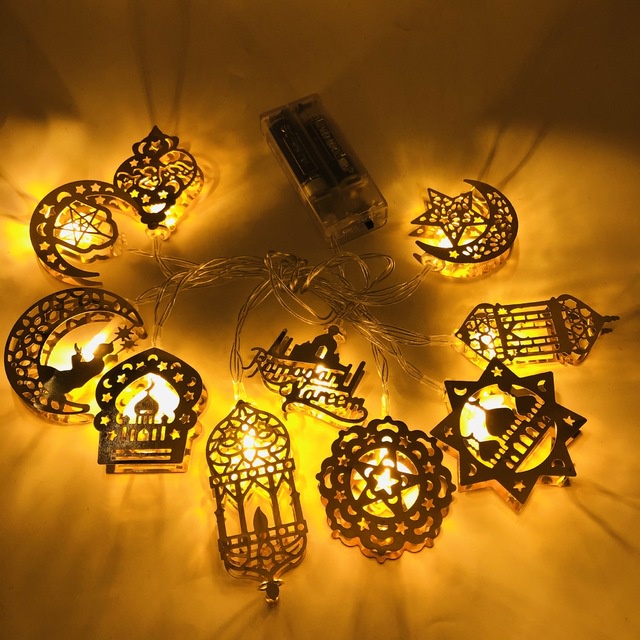 1.65m 10LEDs Eid Mubarak String Lampu Perlengkapan Pesta Muslim Islami Ramadhan Kareem Dekorasi Bulan Bintang Castle Besi Art Lampu Dekorasi Rumah