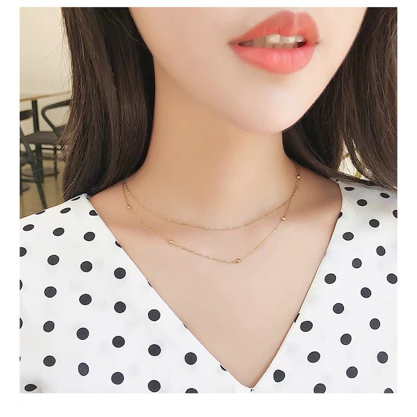 Kalung Rantai Pendek Dengan Liontin Manik-Manik Bulat Kecil Untuk Wanita | Kalung Double Layer Untuk Wanita | Aksesoris Bahan Titanium Steel 18k Warna Rose Gold | Perhiasan Bahan Stainless Steel Untuk Hadiah