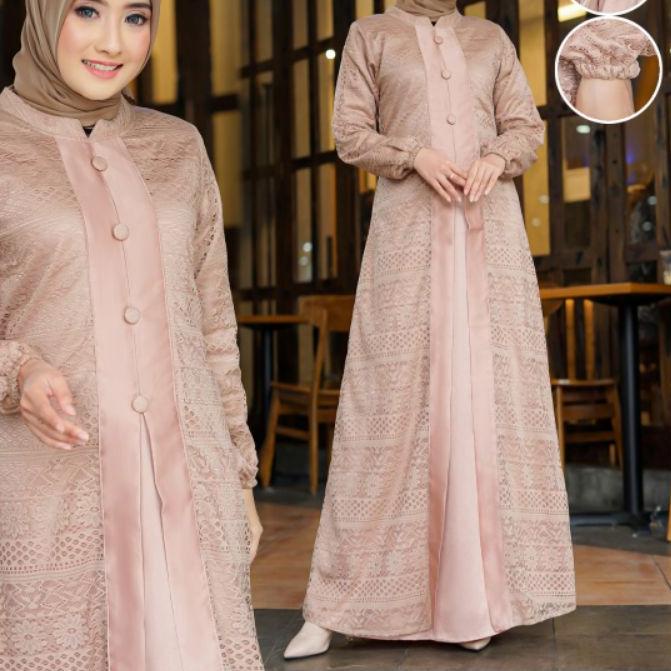 ❅ Gamis Brokat Malika (Non Gliter) Buka Pintu (Rompi) Kancing Empat BR02 uk. M-XXXL (JUMBO) ✸