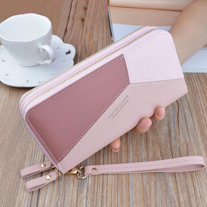 Dompet Dompet Wanita 2 Resleting Premium Pink Kulit Panjang Import Wa121P3