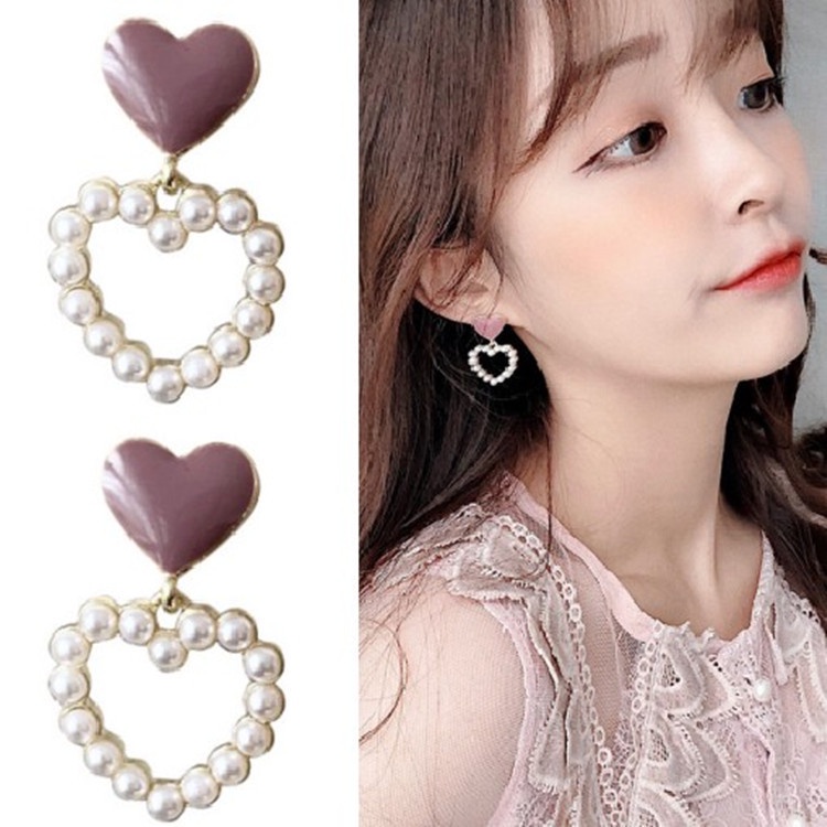 S925 Perak Jarum Korea All-Match Cinta Hati Anting Temperamen Mutiara Manis All-Match Desain Trendi Influencer