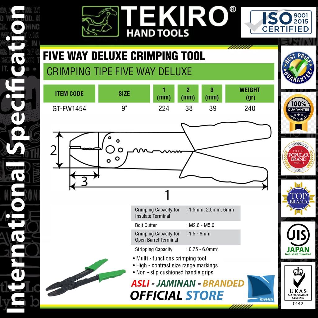 Tang Crimping 9&quot; inch / Kleman Kabel 5 Fungsi / Five Way Deluxe Crimping Plier TEKIRO