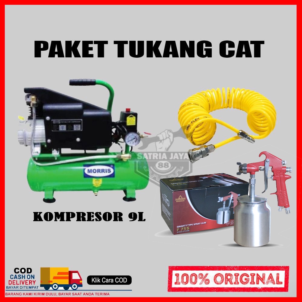 PROMO TERMURAH !!! PAKET LENGKAP (4 ITEM) TUKANG CAT /BENGKEL Mesin Kompresor Listrik Moris 9 Liter