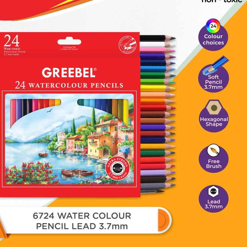 

Idu1U5g GREEBEL Pensil Warna Anak WATERCOLOR 6724 - 3.7 MM (ISI 24) / Coloring Pencils bonus kuas Non toxic warna Cerah tidak berdebu