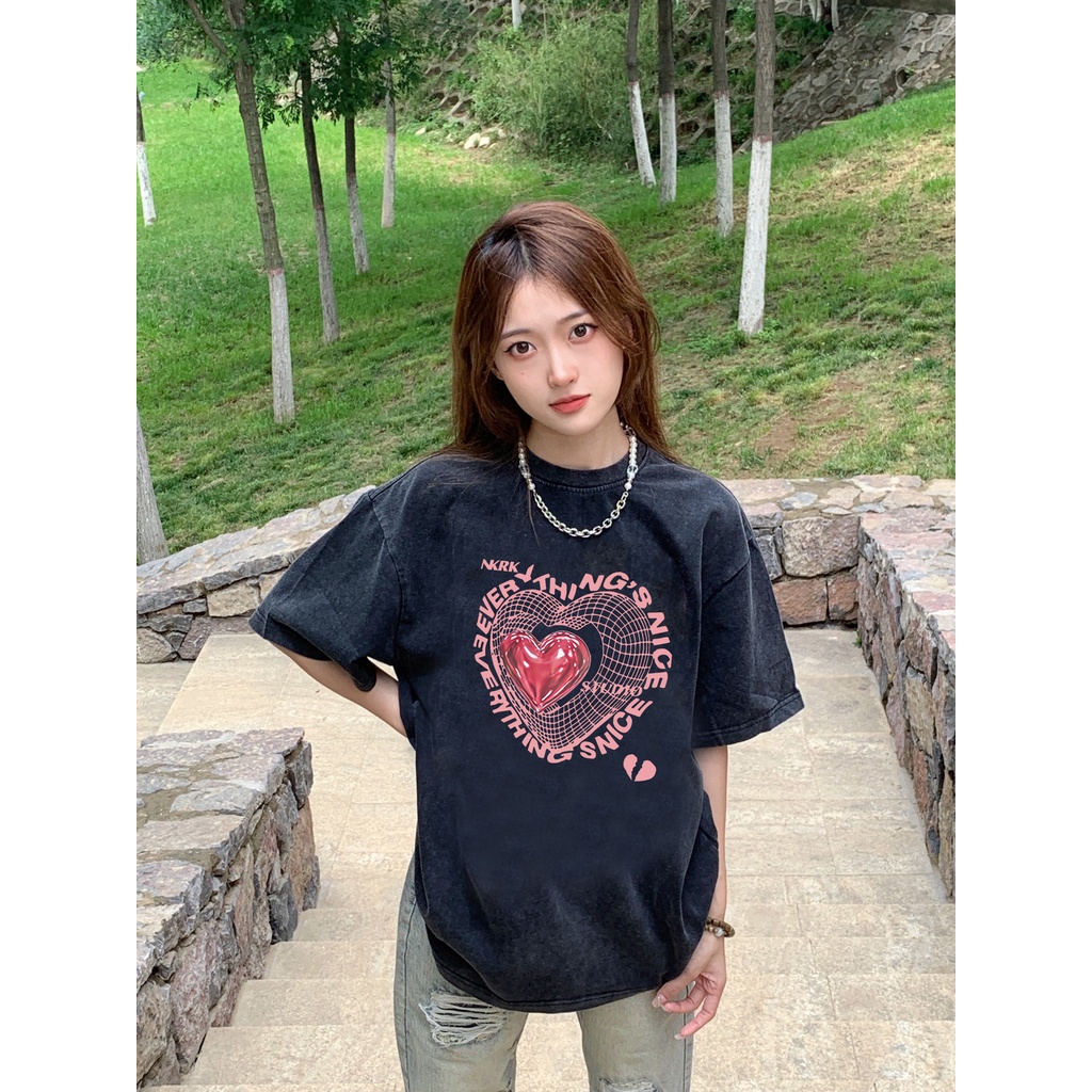 EUNII T-shirt Lengan Pendek Black Washed Retro Pink Graffiti Heart Printing Korean Style/Kaos Atasan Wanita/Baju Wanita/Kaos Wanita