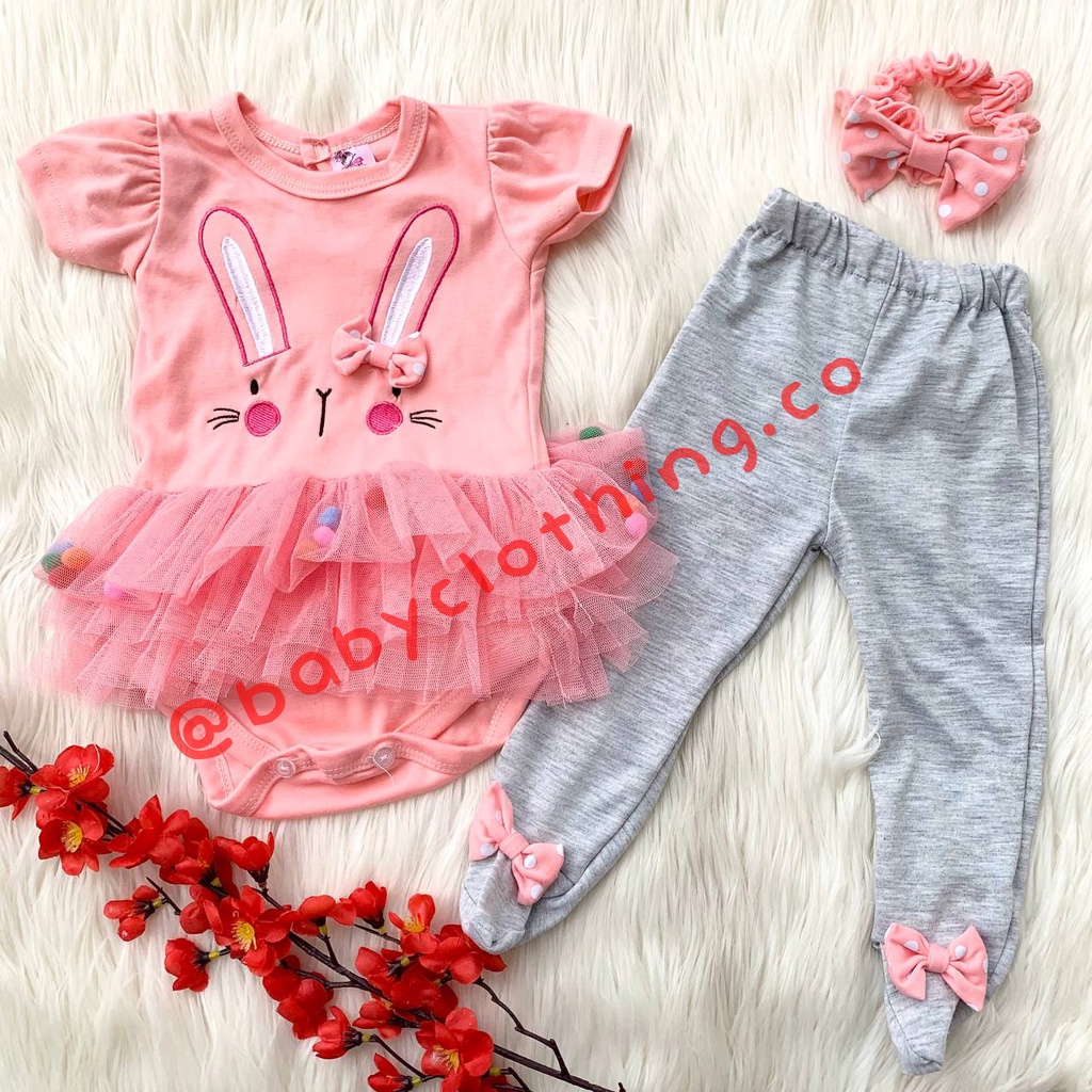 Baju setelan jumper celana legging tutup kaki babygirl lucu tile pompom murah keren cantik -BUN