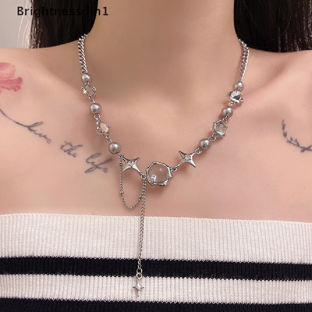 [Brightnessdin1] Bintang Indah Geometris Kristal Rantai Choker Kalung Korea Shiny Perhiasan Untuk Wanita Anniversary Pernikahan Moonlight Zirkon Cross Fringe Punk Kalung Hadiah Boutiq