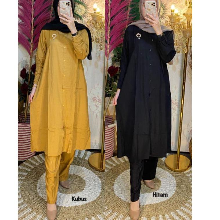 TERPERCAYA One Set Long Tunik Polos Setelan Rayon Standar Dan Jumbo