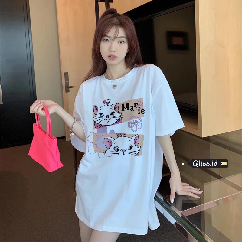 Print T-shirt Kaos Lengan Pendek Cartoon Pink Cat Atasan Wanita Oversize Korean Style