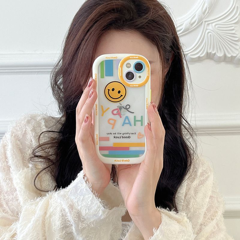 Happy Smile Label Soft Case HP iP iPhone 11 12 13 14 Pro Max Baru Puff Casing Apple