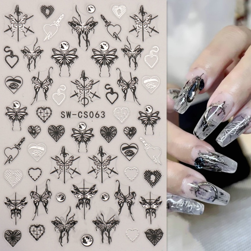 1 Pc Metalik Perak Hitam Stiker Kuku 3D Kupu-Kupu Jantung Pedang Foil Pesona Slider DIY Manicure Art Dekorasi Aksesoris