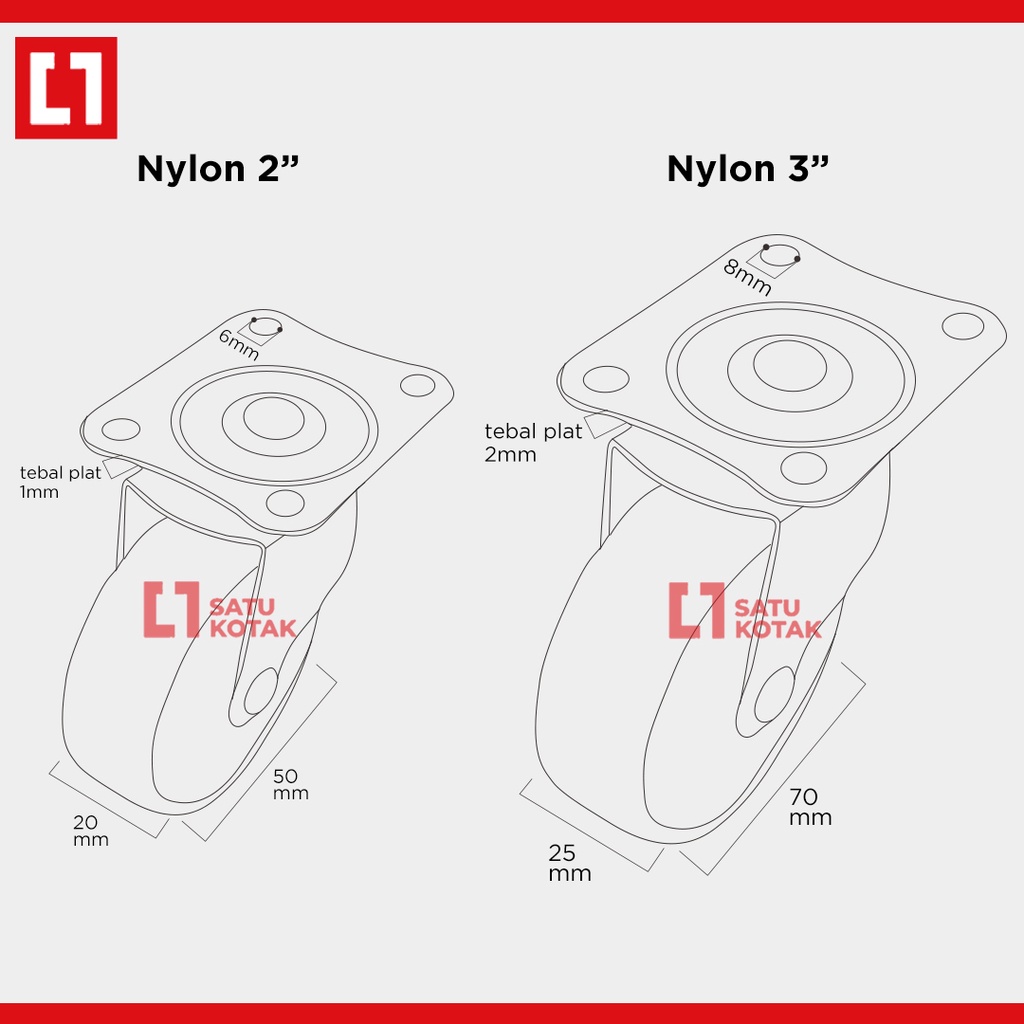 Roda Kastor Nylon Gerobak Etalase Lemari Troli 2/3 Inch Hidup  -Weldom