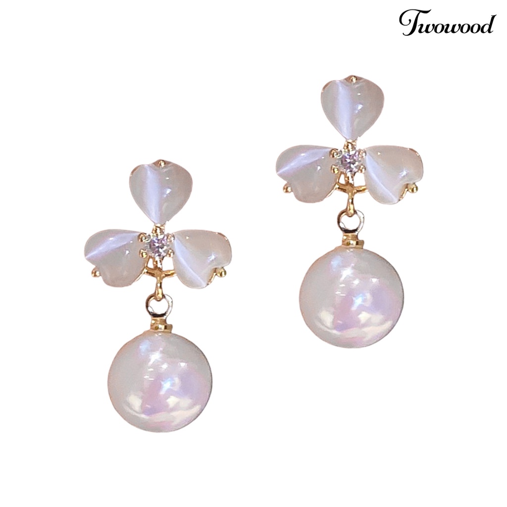 Twowood 1pasang Anting Stud Dainty Elegan Temperamen Gaya Perancis Mutiara Imitasi Opal Bunga Wanita Drop Earrings Perhiasan Aksesoris