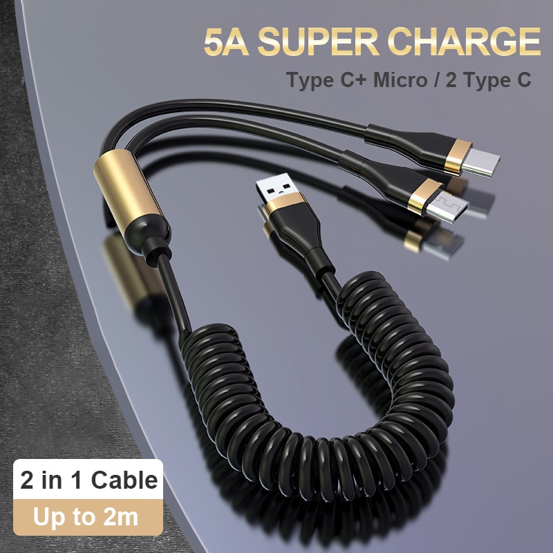 Kabel USB 5A Tipe C Fast Charging Micro USB Wire Untuk Tipe C Micro USB 2in1 Retractable Charge Cord