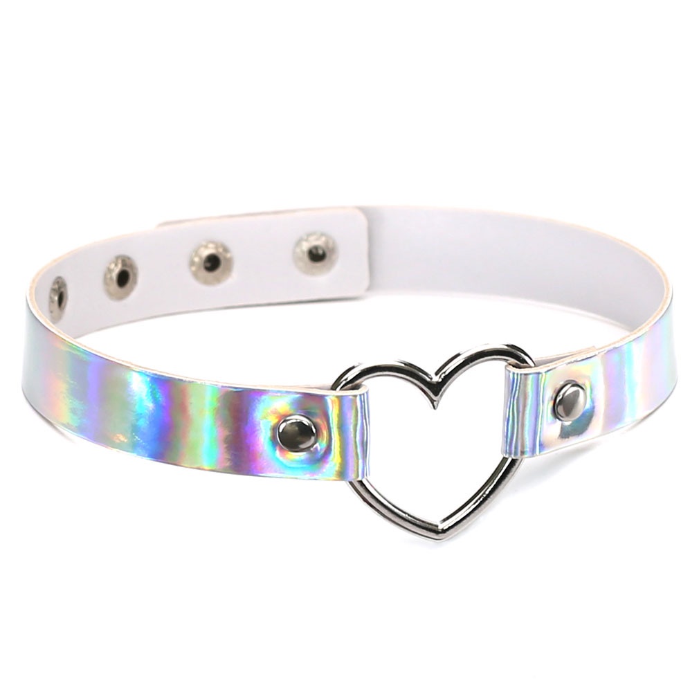 Kreatif Harajuku Laser Cinta Hati Choker Menarik Bercahaya Kulit Pu Kalung Rantai Leher Unisex Perhiasan Pesta