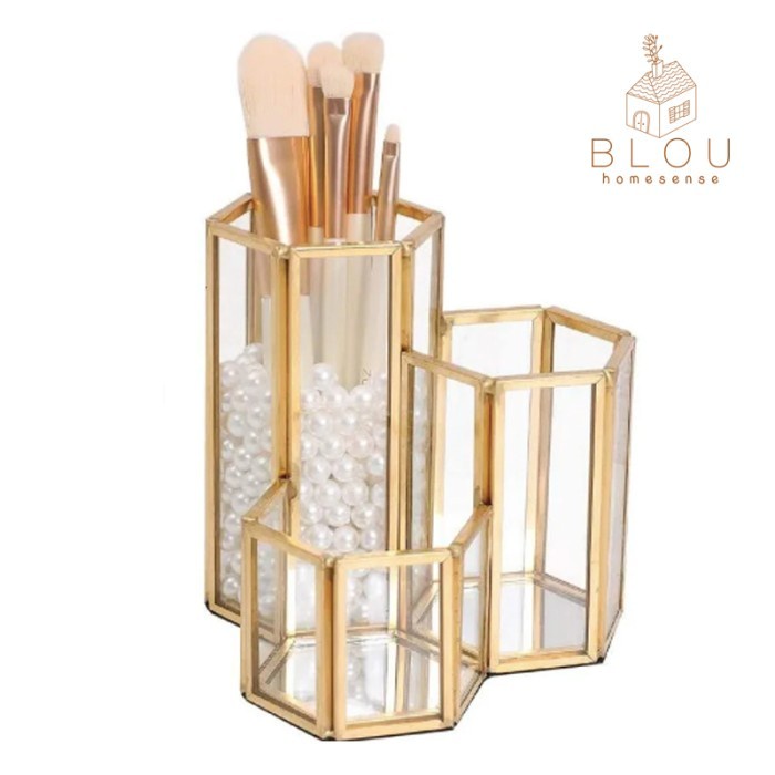 

Terlaris Makeup Brush Pen Holder Gold Glass Organizer 3 Grid Gold Pen Holder