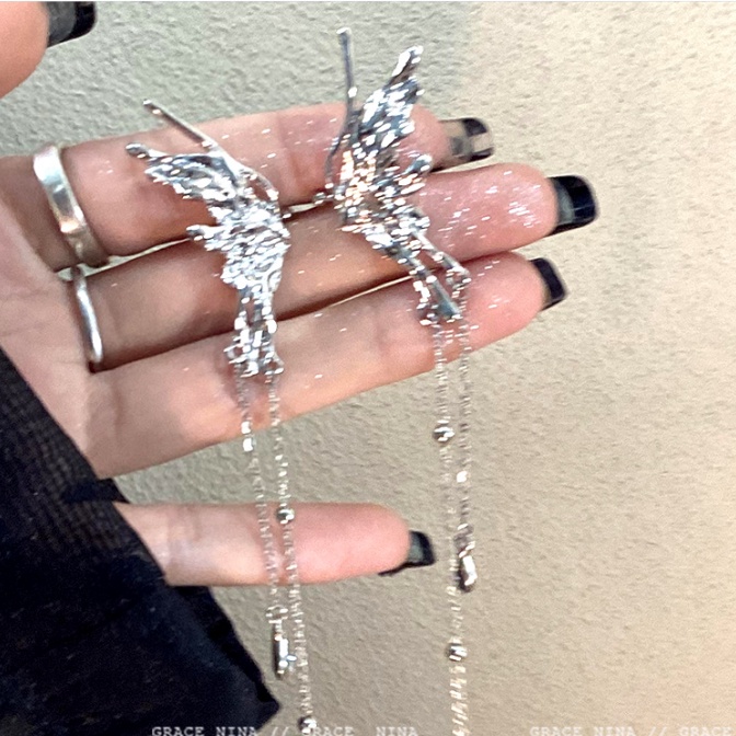 YEEZII Y2k butterfly Rumbai Anting Untuk Wanita Keren Logam Perak Klip Earring Perhiasan Aksesoris