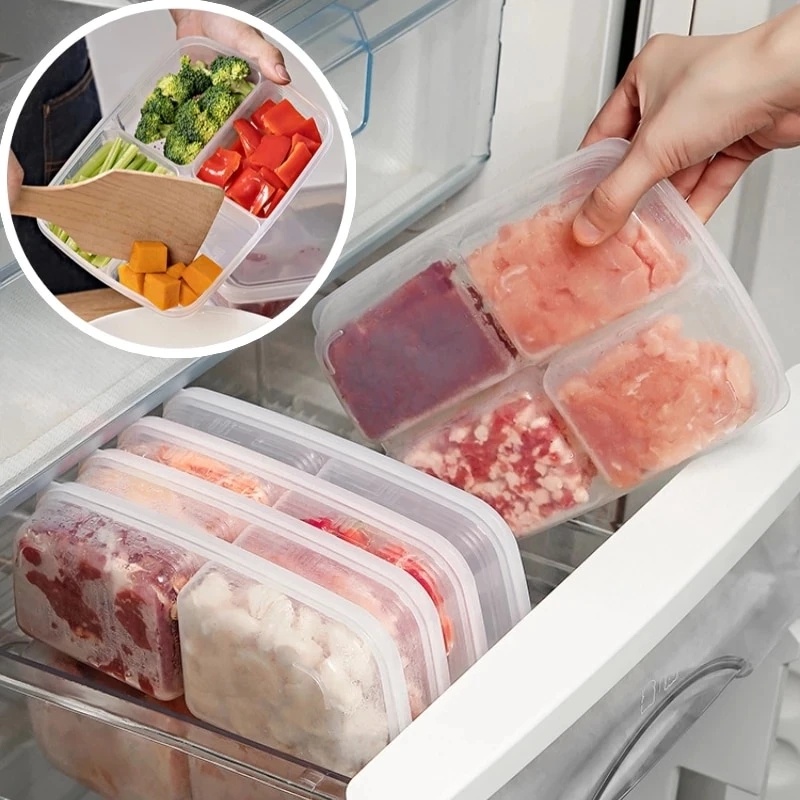 Kualitas Tinggi 4kisi Kotak Penyimpanan Buah Makanan Portable Kompartemen Kulkas Freezer Organizer Sub-Packed Daging Bawang Jahe Clear Crisper