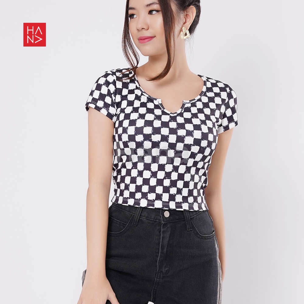 Hana Fashion JKT - Diandra Messy Chess Printing Crop Top Wanita - TS508