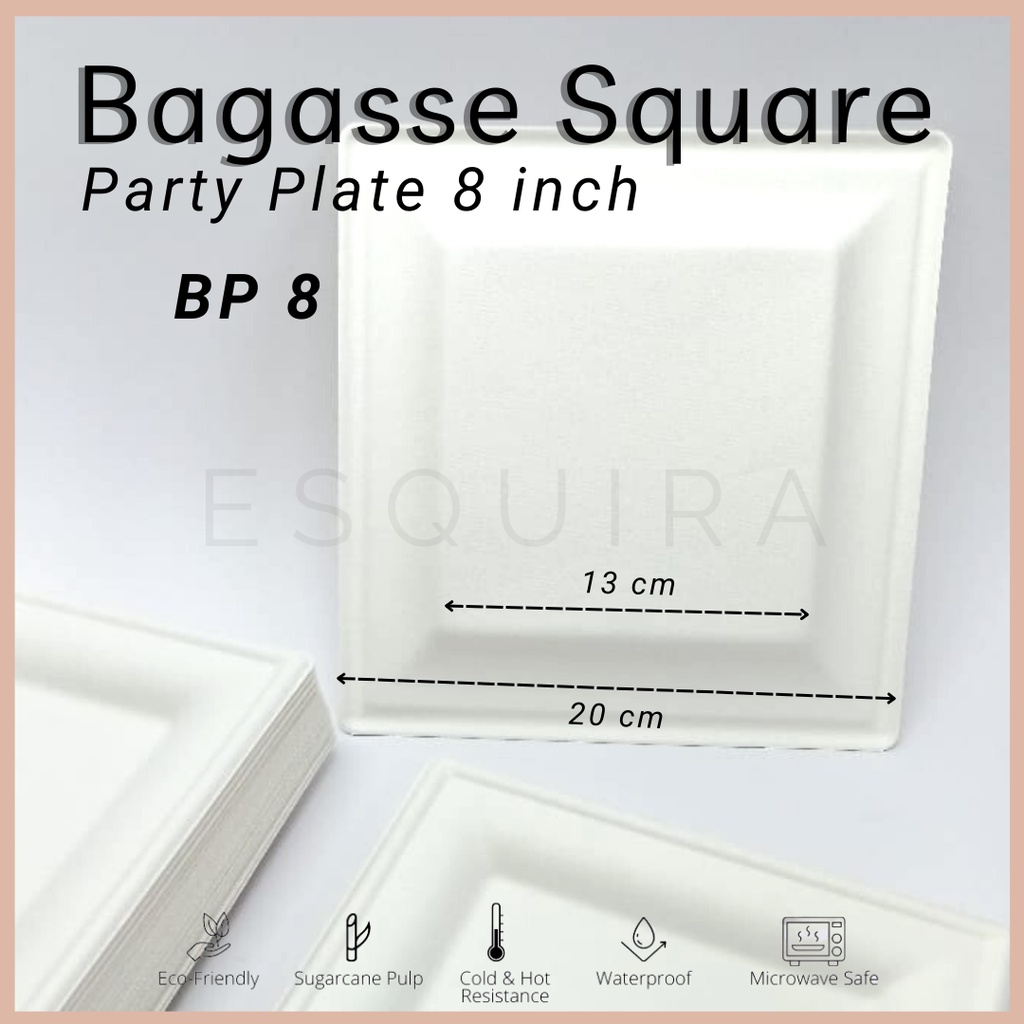 Bagasse Square Party Plate 8 inch / Sugarcane Plate 10 PCS / BP-8