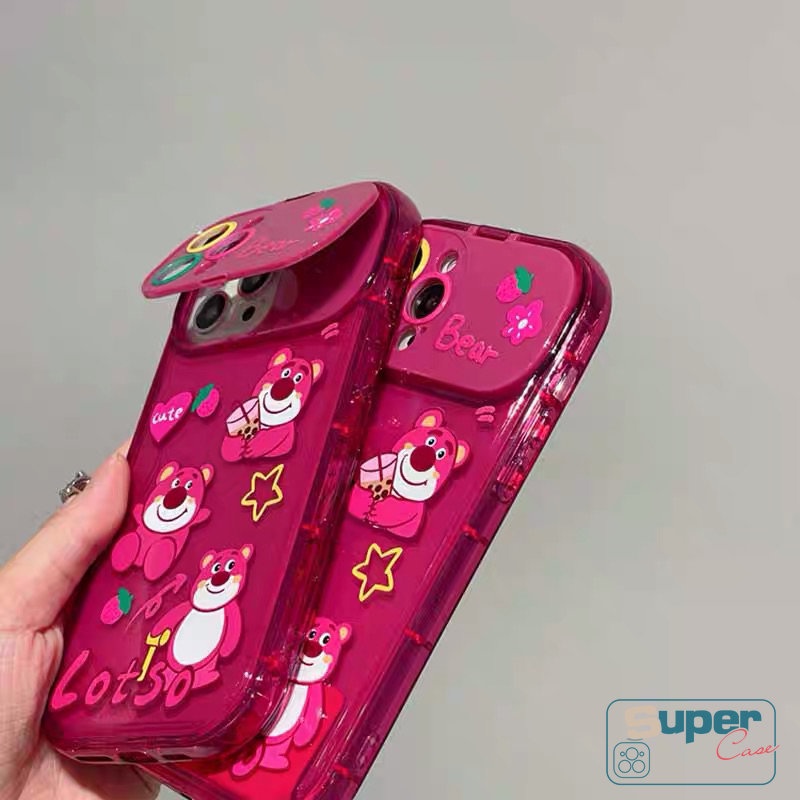 IPHONE Casing Ponsel Cermin Make Up Flip Kreatif Kompatibel Untuk Iphone11Xr X13 12 14 Pro Max7 8 14 Plus XS MAX SE Kartun Lucu Strawberry Bear Manyo Lembut TPU Rose Red Silicon Case