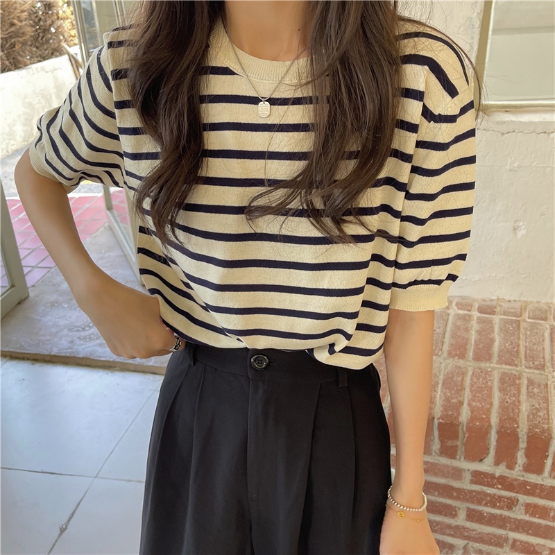 XIAOZHAINV Korean Style Knit Stripe Kaos Atasan Wanita 0390