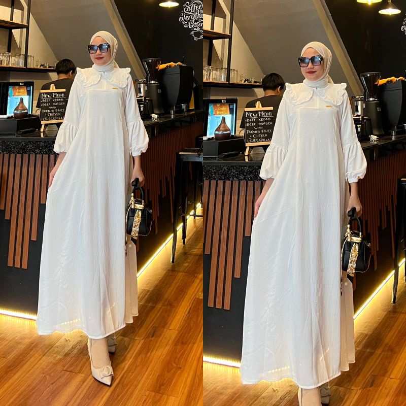 Gamis putih ceruty polos no busui model kerah midi