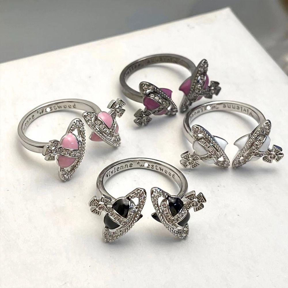 [Elegan] Wanita Saturn Cincin Lucu Adjustable Menawan Planet Ganda Jantung Niche Desain Berlian Imitasi Tembaga Pembukaan Cincin Gaya Korea Cincin
