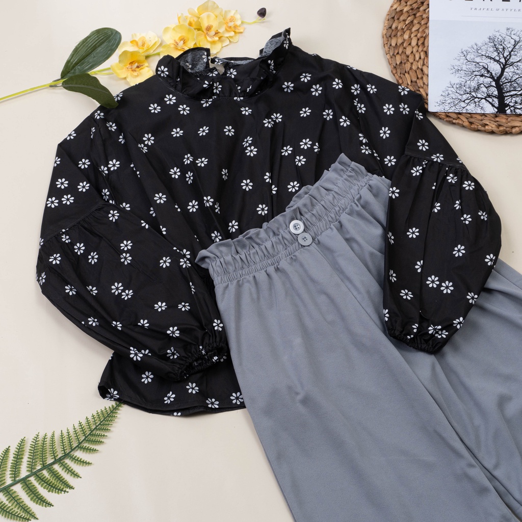 IL - SETELAN BYTHA MOTIF BUNGA TERBARU / ONE SET KULOT BUTTON 2 KANCING BAHAN CREPE PREMIUM-BYTHA HITAM+ABU