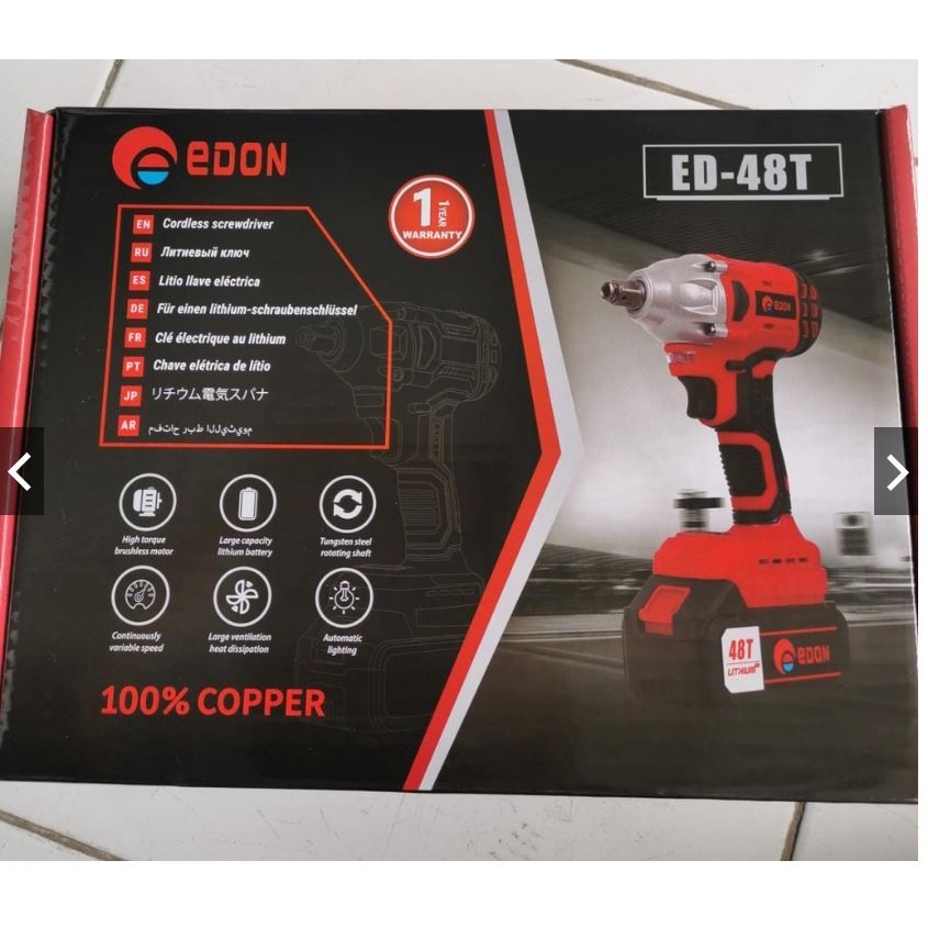 Impact Wrench Edon 48V Mesin Pembuka Baut SET BOX 1 BATERAI Brushless