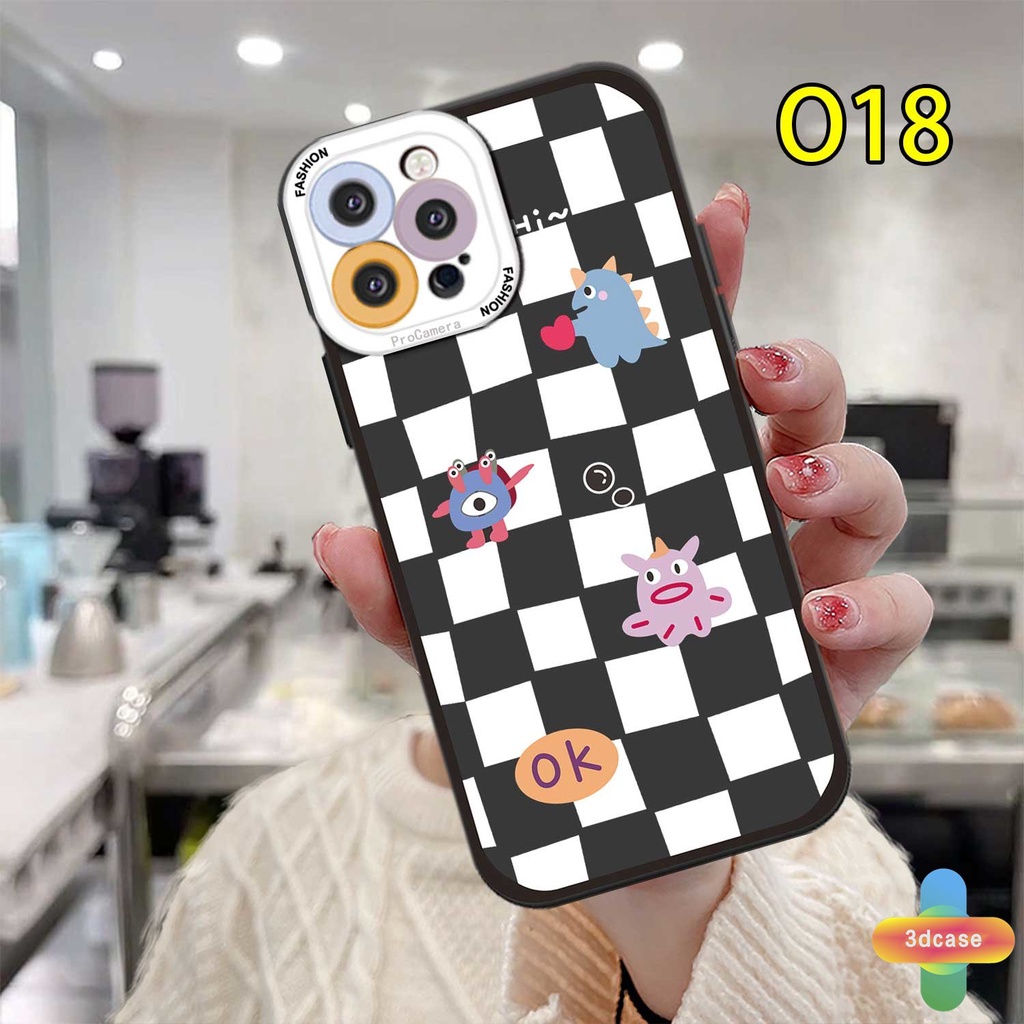 IPHONE Case Kompatibel For IPhone 11 12 13 PRO MAX 6 7 6S 8 Plus X XR XS MAX Se 2020 6SPlus 7Plus 6Plus 8Plus XSMAX papan Catur Diamond Grid Kartun Monster Kecil Lembut TPU Bergelombang Penutup Tepi