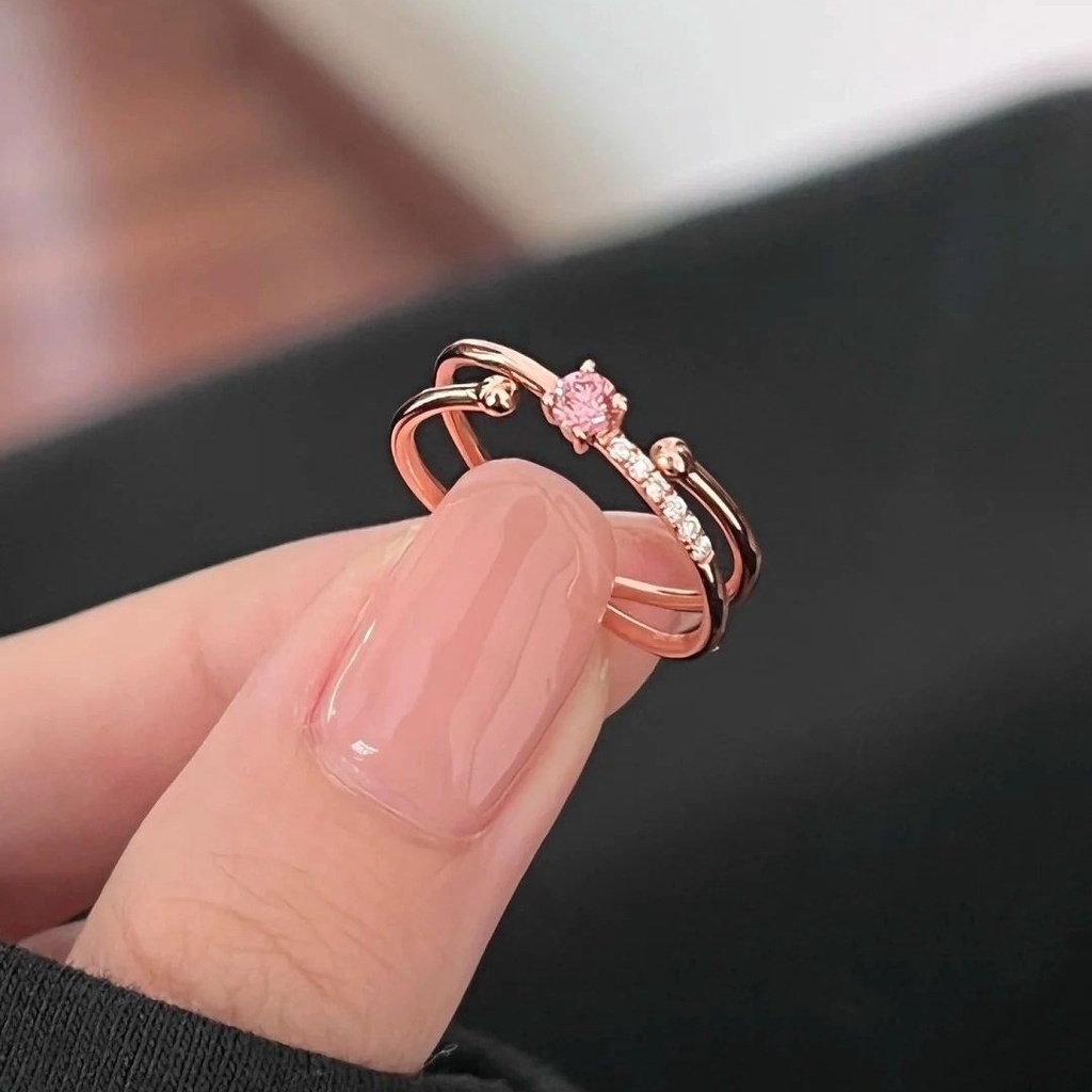 Elegan Merah Muda Berlian Kristal Rose Gold S925 Perak Wanita Fashion Perhiasan Pernikahan Pertunangan Rings Adjustable Size