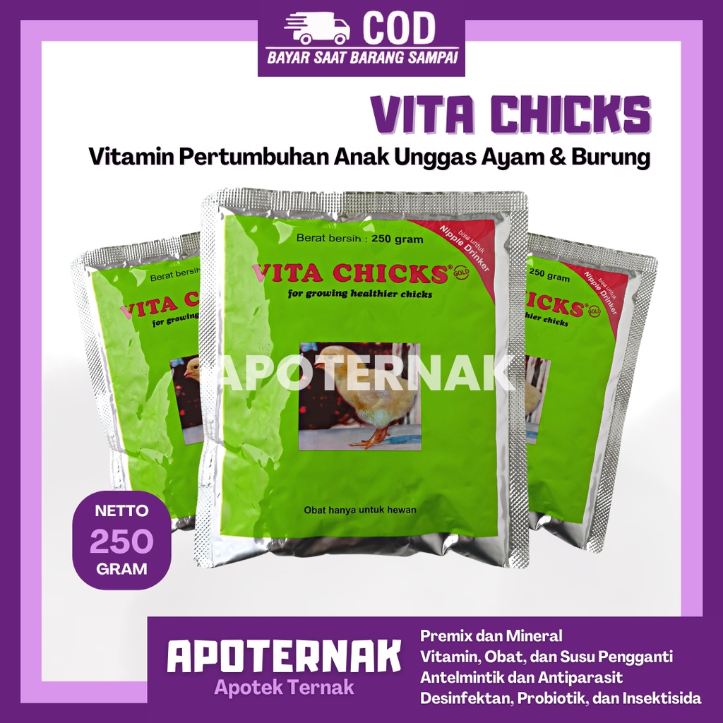 VITA CHICKS 250 gr | Vitamin Pertumbuhan Anak Unggas Ayam dan Burung | Vita Chick Vitachick Vitachicks MEDION