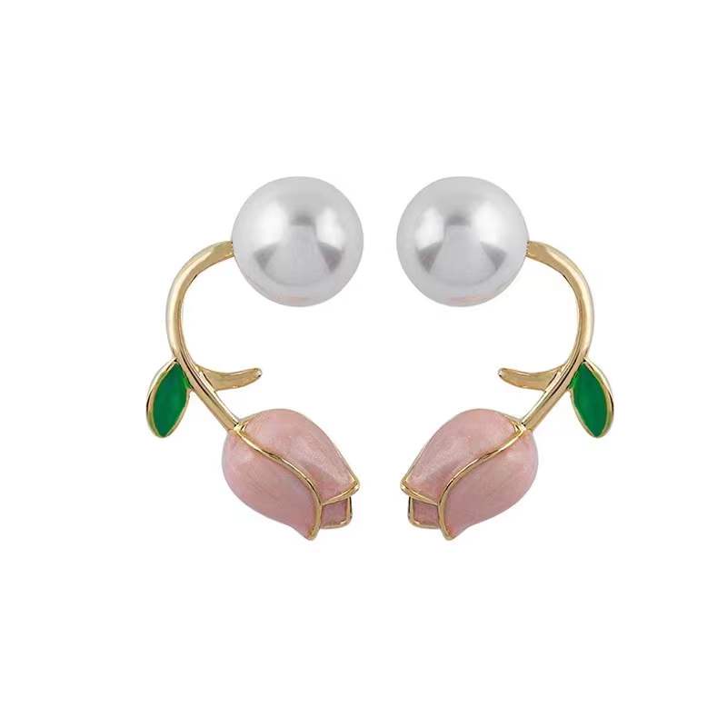 French Luxury Pink Tulip Flower Pearl Stud Earrings Untuk Wanita Korea Fashion Indah Anting Pesta Ulang Tahun Perhiasan Hadiah