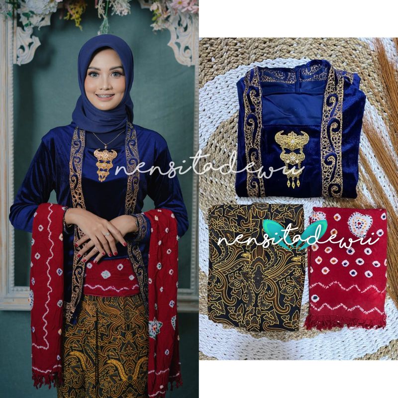 [1 Set] Kebaya Bordir, Jarik Instan + Selendang Jumputan / DN02C, Model Ajeng ~ Nuansa Navy