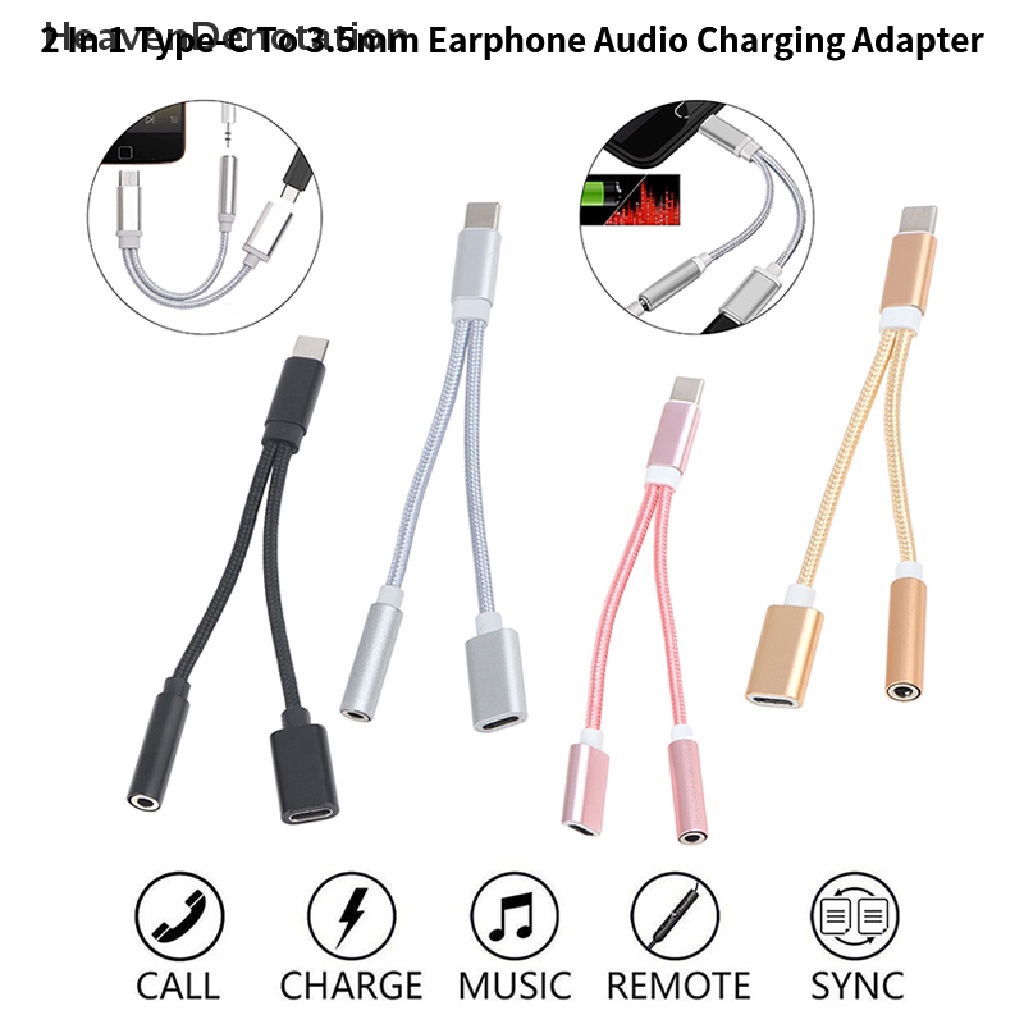 [HeavenDenotation] 2in1 Type-C Ke 3.5mm Headphone Audio Jack Charging Cable Adapter USB-C Converter Earphone Adaptor Untuk Ponsel HDV