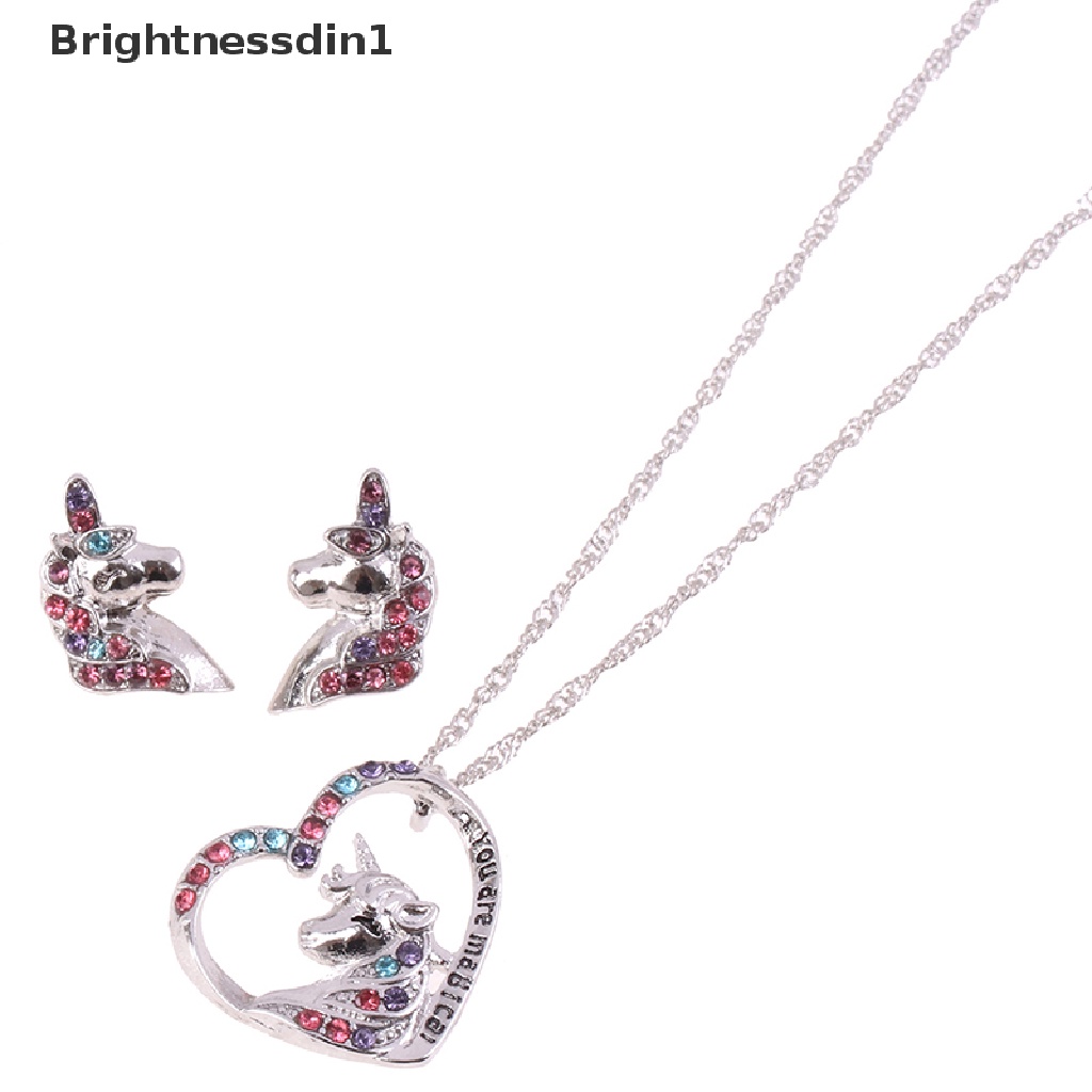 [Brightnessdin1] Gadis Anda Ajaib Lucu Beruntung Unicorn Kalung Stud Anting Birthstone Kuda Perhiasan Hadiah Untuk Anak Perempuan Gadis Sahabat Saudara Butik