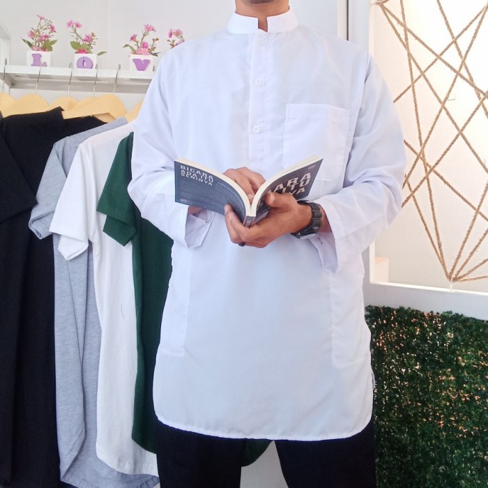 TERLARIS BAJU KOKO KURTA PAKISTAN GAMIS PRIA MUSLIM LENGANG PANJANG PUTIH - PUTIH, S TRENDY TERBARU 