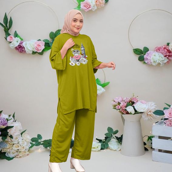 Setcel Oversize Digital Print Bear Bunga / Setelan Celana Jumbo Ld 130cm