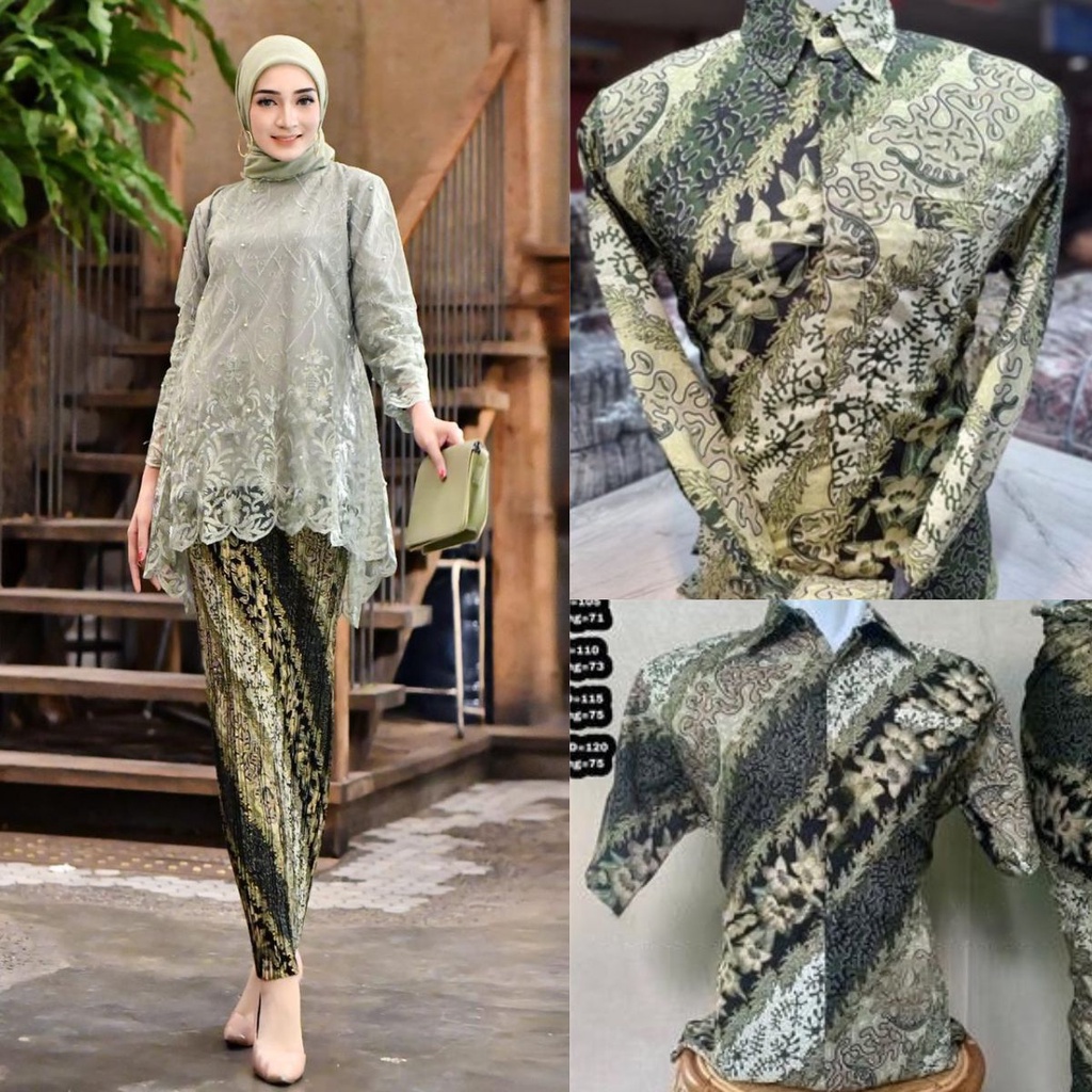 Setelan Couple Kebaya Azkia Modern Hijau Sage / Kebaya Tulle Pesta / Kebaya Couple Kemeja