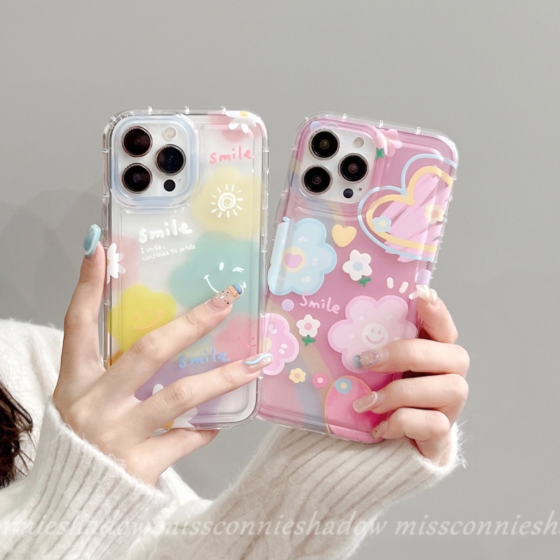 IPHONE Ins Korea Shockproof Airbag Case Kompatibel Untuk Iphone11 14 13 12 Pro Max7 8 6 6S Plus XR X XS MAX Senyum Lucu Segar Cat Air Bunga Awan Cinta Hati Lembut TPU Penutup Belakang