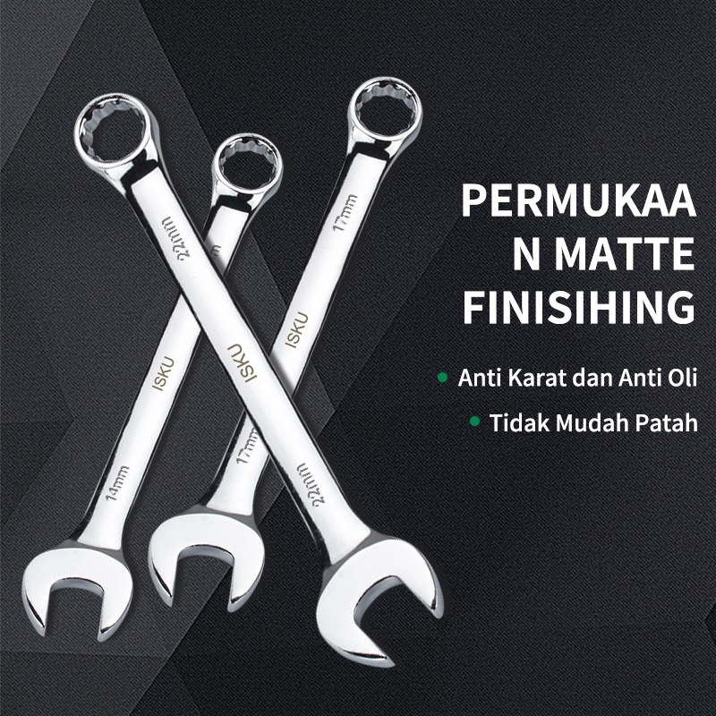 ISKU Kunci Ring Pas 8-24mm Konci Kombinasi Wrench CR-V Steel Spanner Kunci Ring Pas Mirror Polished Multipurpose Alat Perkakas Motor Mobil