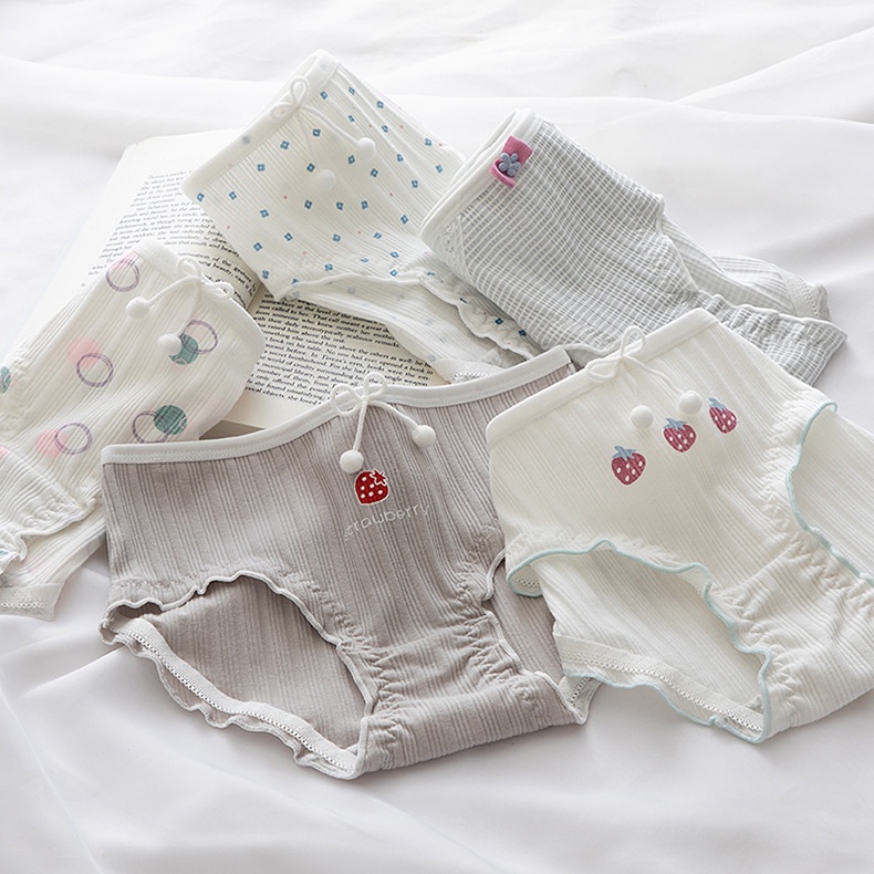 Celana Dalam Wanita Gray Blue Strawberry Bubble Mid-Waist Fur Ball Bowknot Underwear Student Girl Br