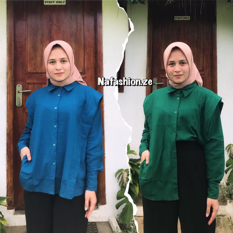 DENISE SHIRT LINEN CRINKLE / JIA BLOUSE KEMEJA OVERSIZE LD 120CM